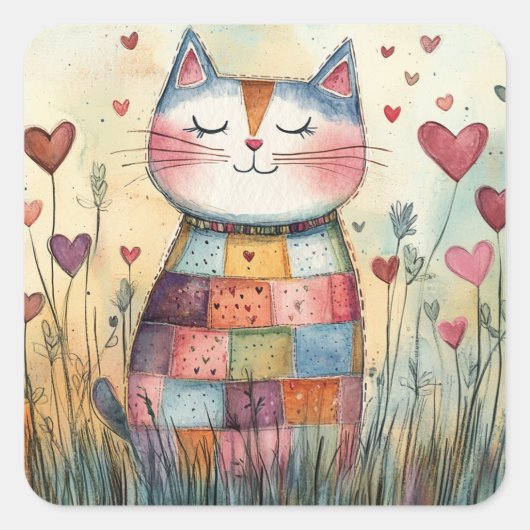 Patchwork Katze Valentine Quadratischer Aufkleber (Vorderseite)