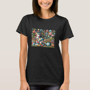 Patchwork-Katzenkunst mit Cottagecore-Blumengarten T-Shirt