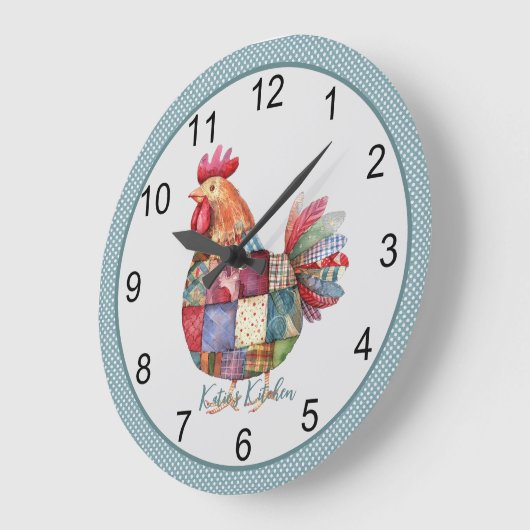 Patchwork Kitchen Hen and Polka Dots Große Wanduhr (Winkel)