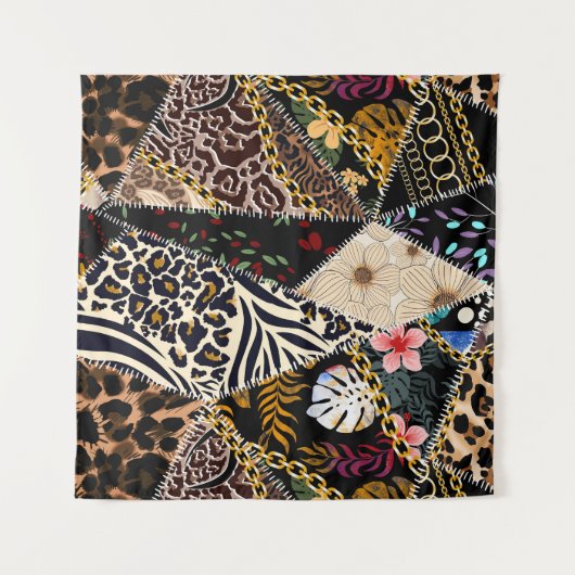 Patchwork Leopard: Ethnic Lining Design. Wandteppich (Vorderseite)