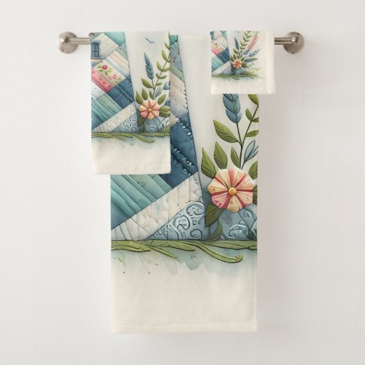 Patchwork-Leuchtturm-Küstenblumen-Szene Badhandtuch Set (Insitu)