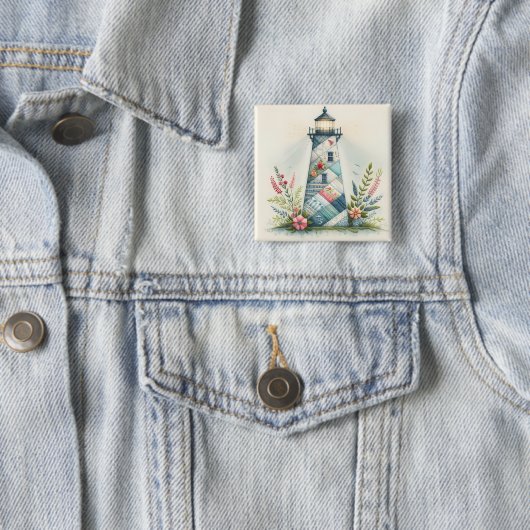Patchwork-Leuchtturm-Küstenblumen-Szene Button (Beispiel)