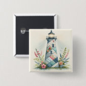 Patchwork-Leuchtturm-Küstenblumen-Szene Button (Vorne & Hinten)