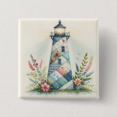 Patchwork-Leuchtturm-Küstenblumen-Szene Button (Vorderseite)