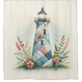 Patchwork-Leuchtturm-Küstenblumen-Szene Duschvorhang (Vorderseite)