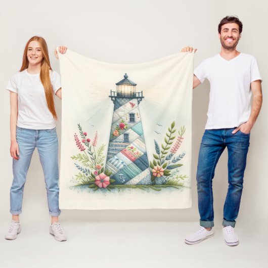 Patchwork-Leuchtturm-Küstenblumen-Szene Fleecedecke (Beispiel)