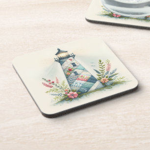 Patchwork-Leuchtturm-Küstenblumen-Szene Getränkeuntersetzer