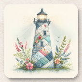 Patchwork-Leuchtturm-Küstenblumen-Szene Getränkeuntersetzer (Vorderseite)