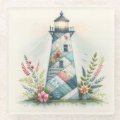 Patchwork-Leuchtturm-Küstenblumen-Szene Glasuntersetzer (Vorderseite)