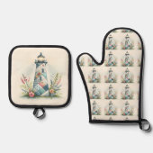 Patchwork-Leuchtturm-Küstenblumen-Szene Ofenhandschuh & Topflappen-Set (Vorderseite)
