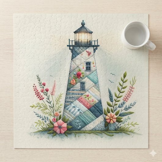 Patchwork-Leuchtturm-Küstenblumen-Szene Puzzle