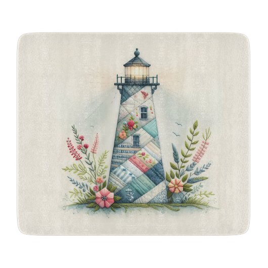Patchwork-Leuchtturm-Küstenblumen-Szene Schneidebrett (Vorderseite)