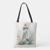 Patchwork-Leuchtturm-Küstenblumen-Szene Tasche (Rückseite)