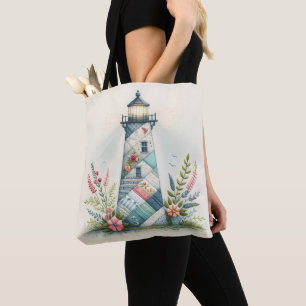 Patchwork-Leuchtturm-Küstenblumen-Szene Tasche
