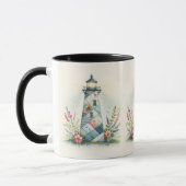 Patchwork-Leuchtturm-Küstenblumen-Szene Tasse (Links)