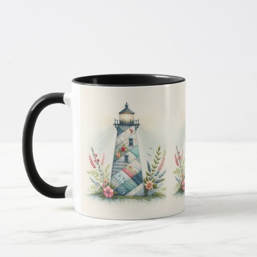Patchwork-Leuchtturm-Küstenblumen-Szene Tasse (Links)