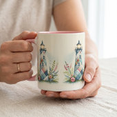 Patchwork-Leuchtturm-Küstenblumen-Szene Tasse