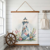 Patchwork-Leuchtturm-Küstenblumen-Szene Wandteppich Mit Holzrahmen