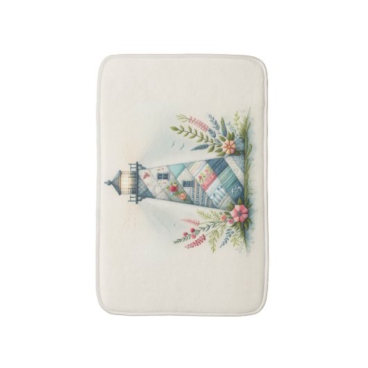 Patchwork Lighthouse Coastal Floral Scene Badematte (Vorderseite Vertikal)