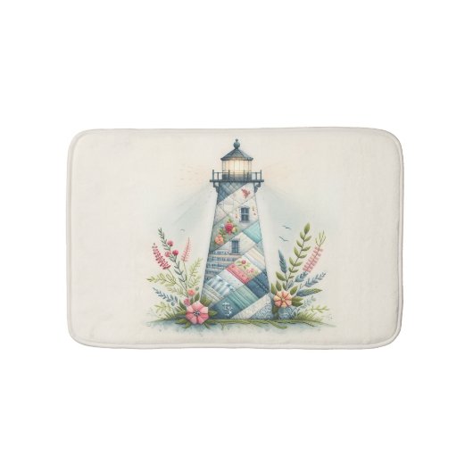 Patchwork Lighthouse Coastal Floral Scene Badematte (Vorderseite)