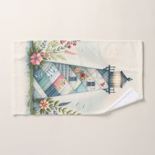Patchwork Lighthouse Coastal Floral Scene Badhandtuch Set (Handtuch)