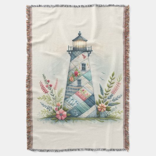 Patchwork Lighthouse Coastal Floral Scene Decke (Vorderseite Vertikal)