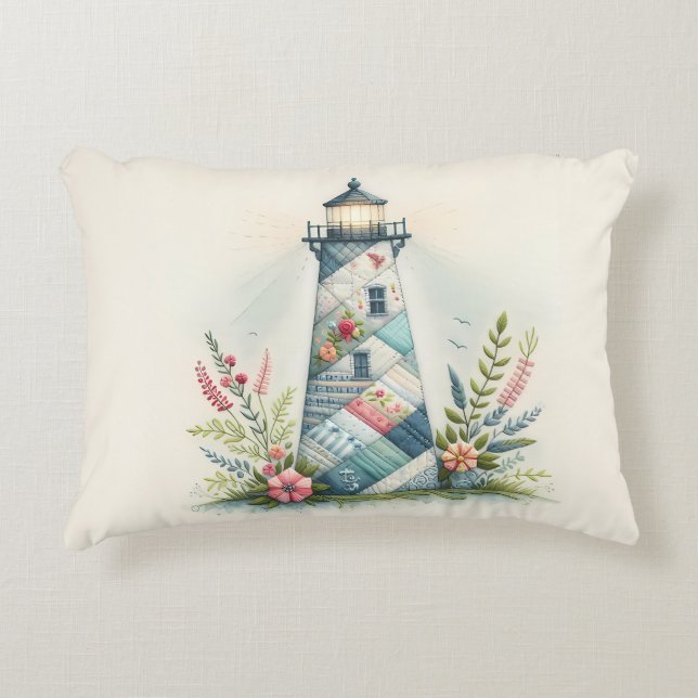 Patchwork Lighthouse Coastal Floral Scene Dekokissen (Vorderseite)
