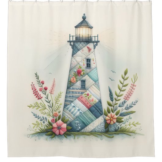 Patchwork Lighthouse Coastal Floral Scene Duschvorhang (Vorderseite)