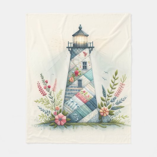 Patchwork Lighthouse Coastal Floral Scene Fleecedecke (Vorderseite)