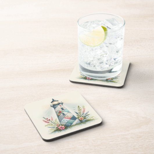 Patchwork Lighthouse Coastal Floral Scene Getränkeuntersetzer (Rechte Seite)