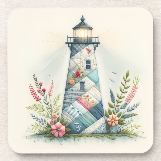 Patchwork Lighthouse Coastal Floral Scene Getränkeuntersetzer (Vorderseite)