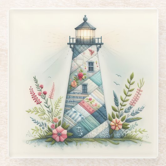 Patchwork Lighthouse Coastal Floral Scene Glasuntersetzer (Vorderseite)