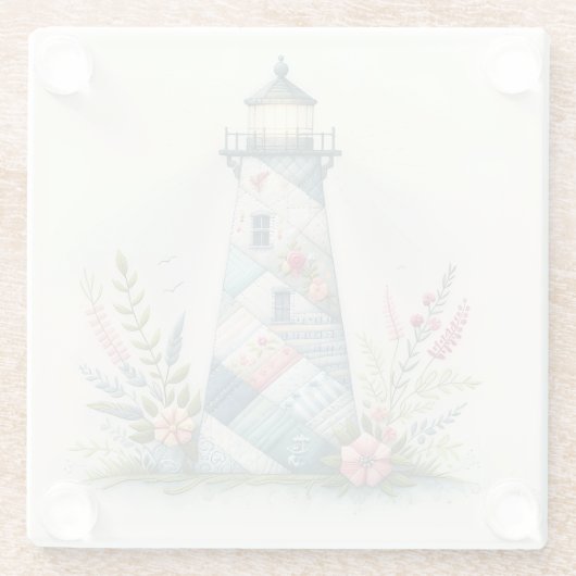 Patchwork Lighthouse Coastal Floral Scene Glasuntersetzer (Rückseite)