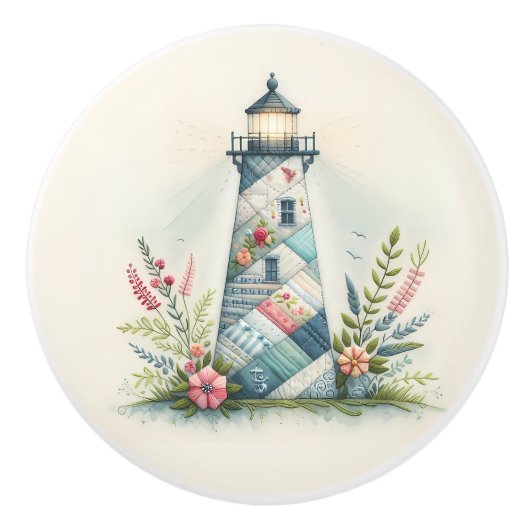 Patchwork Lighthouse Coastal Floral Scene Keramikknauf (Vorderseite)