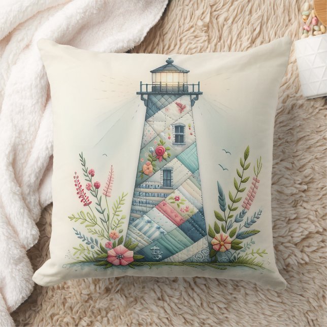 Patchwork Lighthouse Coastal Floral Scene Kissen (Decke)