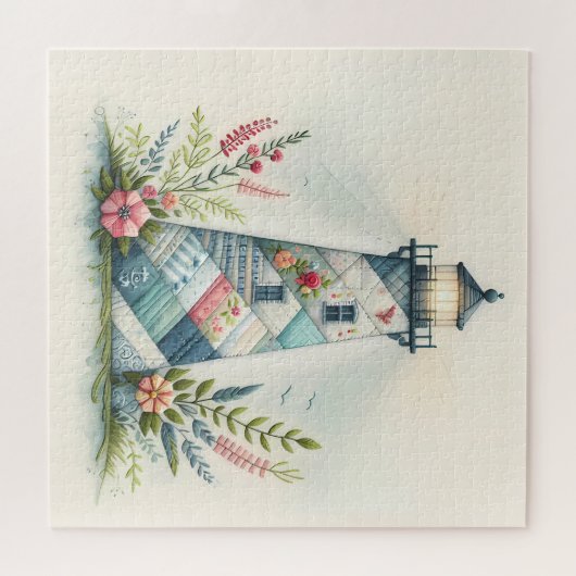 Patchwork Lighthouse Coastal Floral Scene Puzzle (Horizontal)