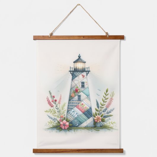 Patchwork Lighthouse Coastal Floral Scene Wandteppich Mit Holzrahmen (Vorderseite)