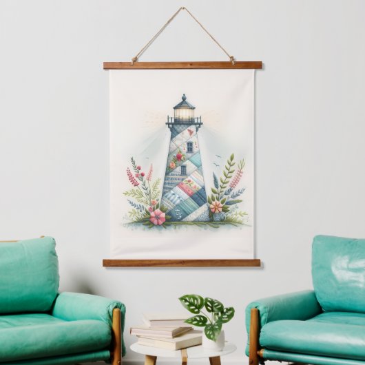 Patchwork Lighthouse Coastal Floral Scene Wandteppich Mit Holzrahmen (Wohnzimmer)
