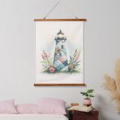 Patchwork Lighthouse Coastal Floral Scene Wandteppich Mit Holzrahmen (Schlafzimmer)