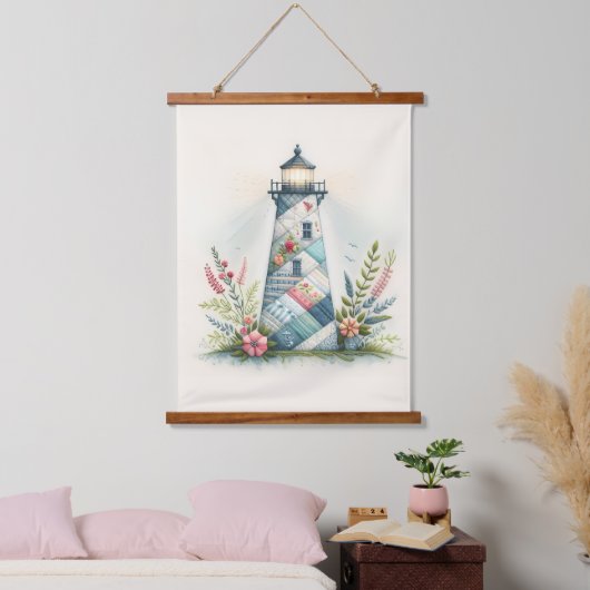 Patchwork Lighthouse Coastal Floral Scene Wandteppich Mit Holzrahmen (Schlafzimmer)