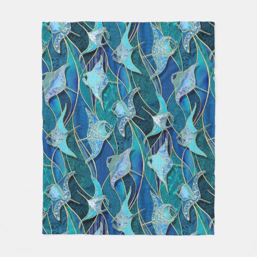 Patchwork Manta Rays in Sapphire Türkise Blue Fleecedecke (Vorderseite)