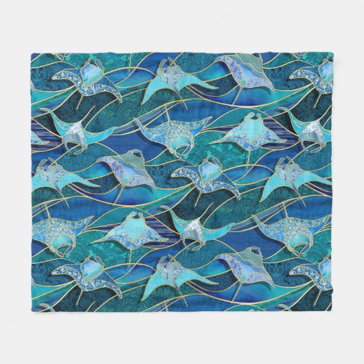 Patchwork Manta Rays in Sapphire Türkise Blue Fleecedecke (Vorderseite (Horizontal))