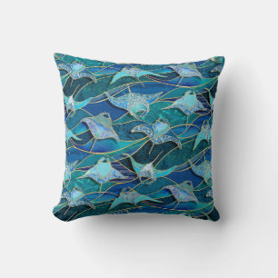 Patchwork Manta Rays in Sapphire Türkise Blue Kissen
