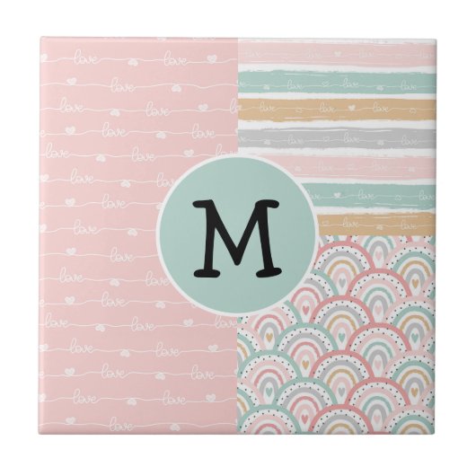 Patchwork Monogram Hearts Rainbow Keramik Tile Fliese (Vorderseite)