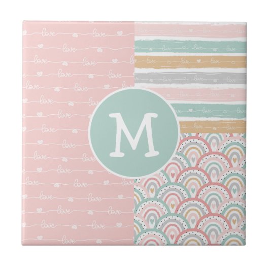 Patchwork & Monogram Hearts Rainbows Keramik Tile Fliese (Vorderseite)