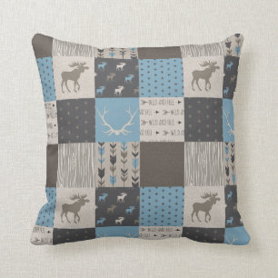 Patchwork Moose Woodland Pillow - Blue/Tan/Brown Kissen