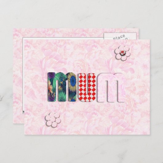 Patchwork "MUM" auf rosa Rose Hintergrund Postkarte (Vorne/Hinten)