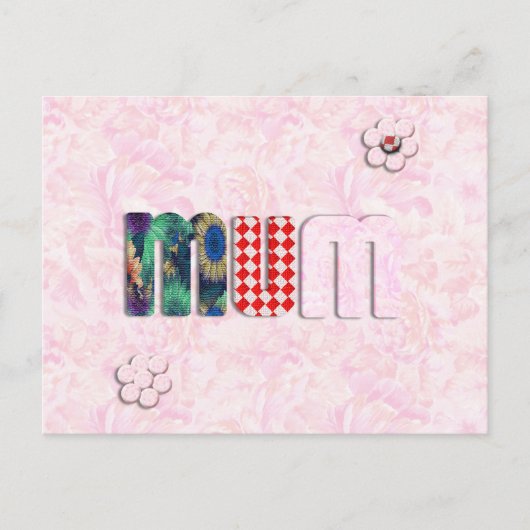 Patchwork "MUM" auf rosa Rose Hintergrund Postkarte (Vorderseite)