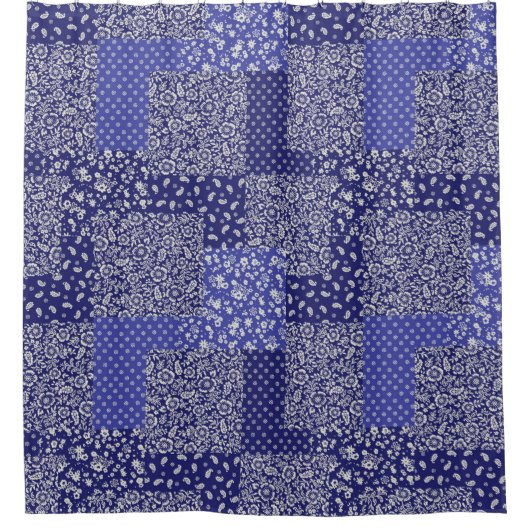 Patchwork Muster Chintz Shades of Blue Polka Dot Duschvorhang (Vorderseite)