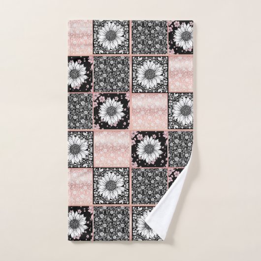 Patchwork-Muster für rosa und schwarze Blume Badhandtuch Set (Handtuch)